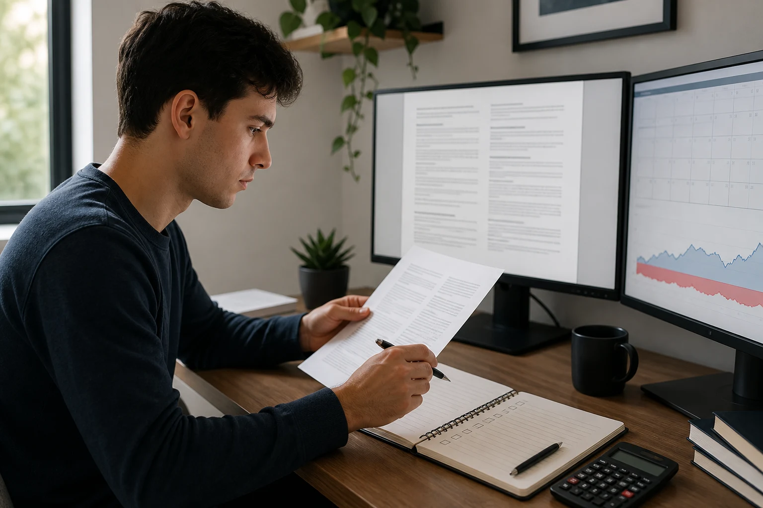 Young futures trader cross-checking one-day evaluation rules with a calendar, risk chart, and notebook