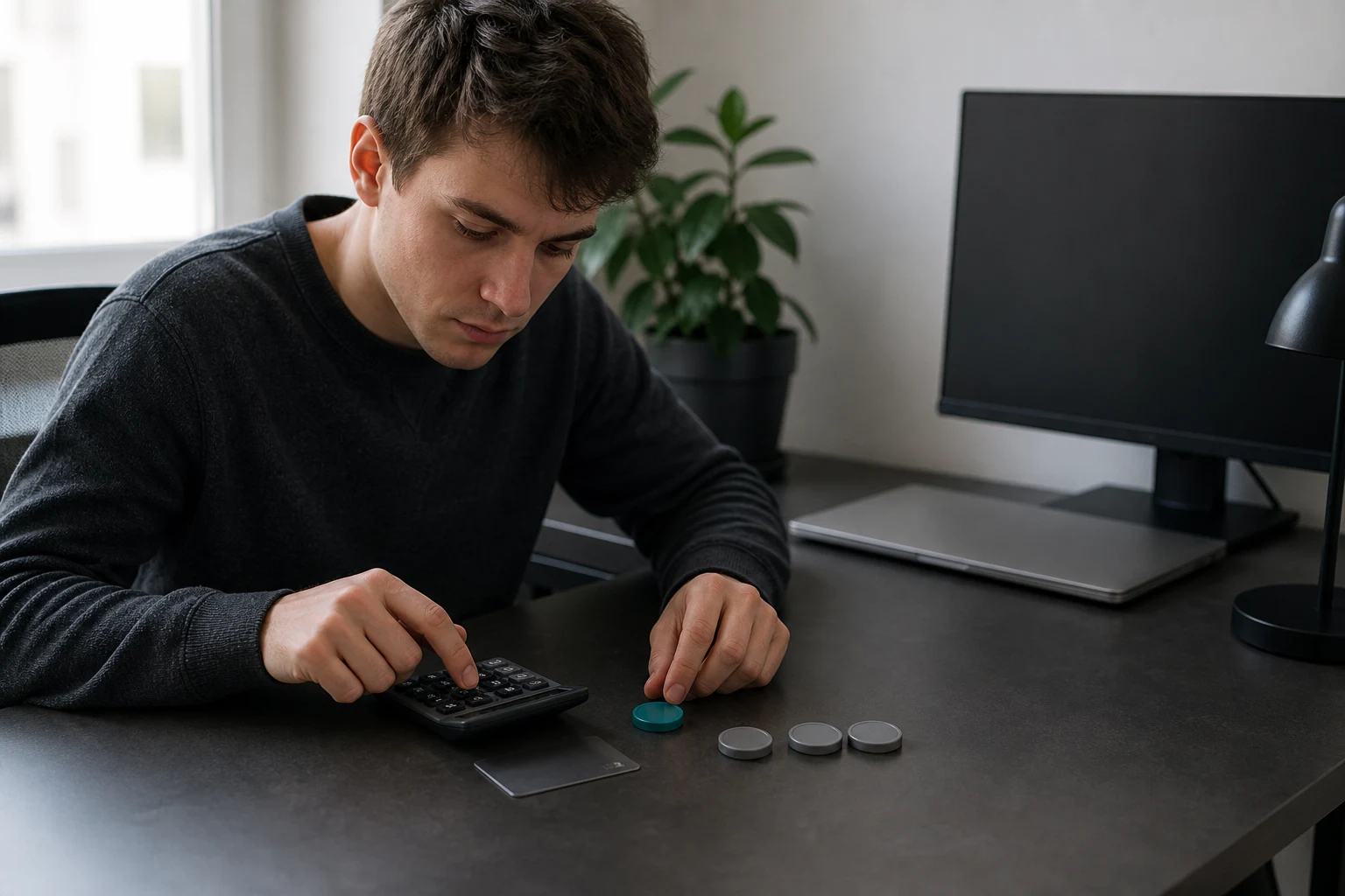 Young trader checking a prop firm fee structure with a calculator at a home trading desk
