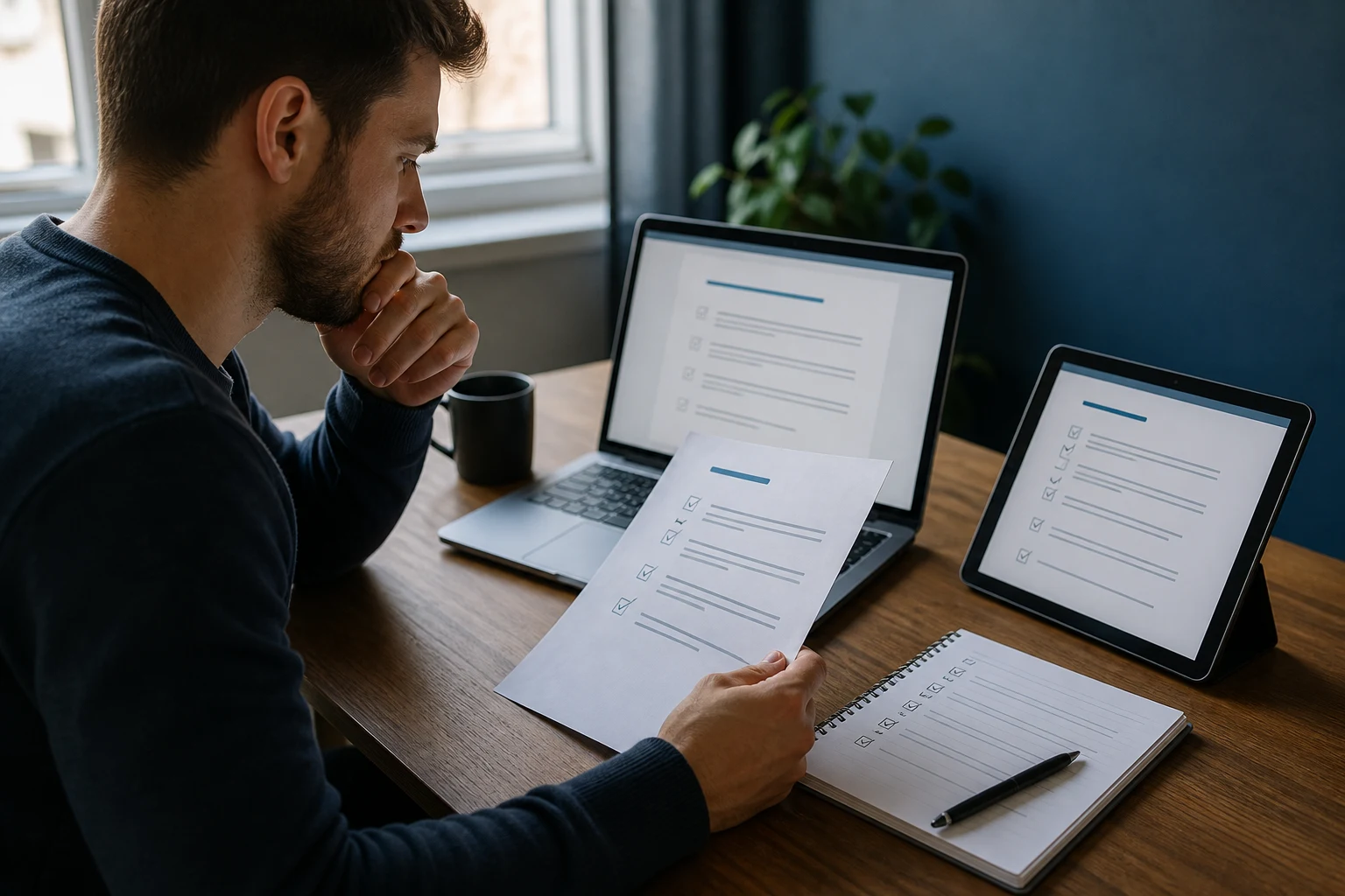 A trader cross-checks prop-firm hedging rules on a laptop, tablet, and paper checklist.