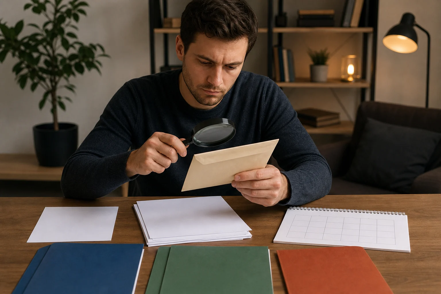 Trader examining payout evidence with blank source folders and a magnifying glass
