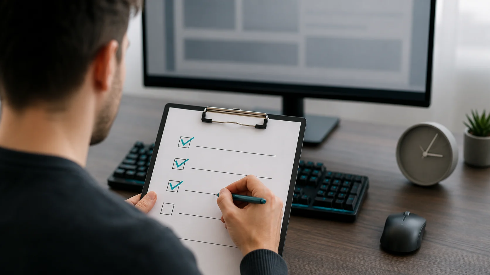 Trader reviewing a reset-fee checklist and billing timing beside a workstation