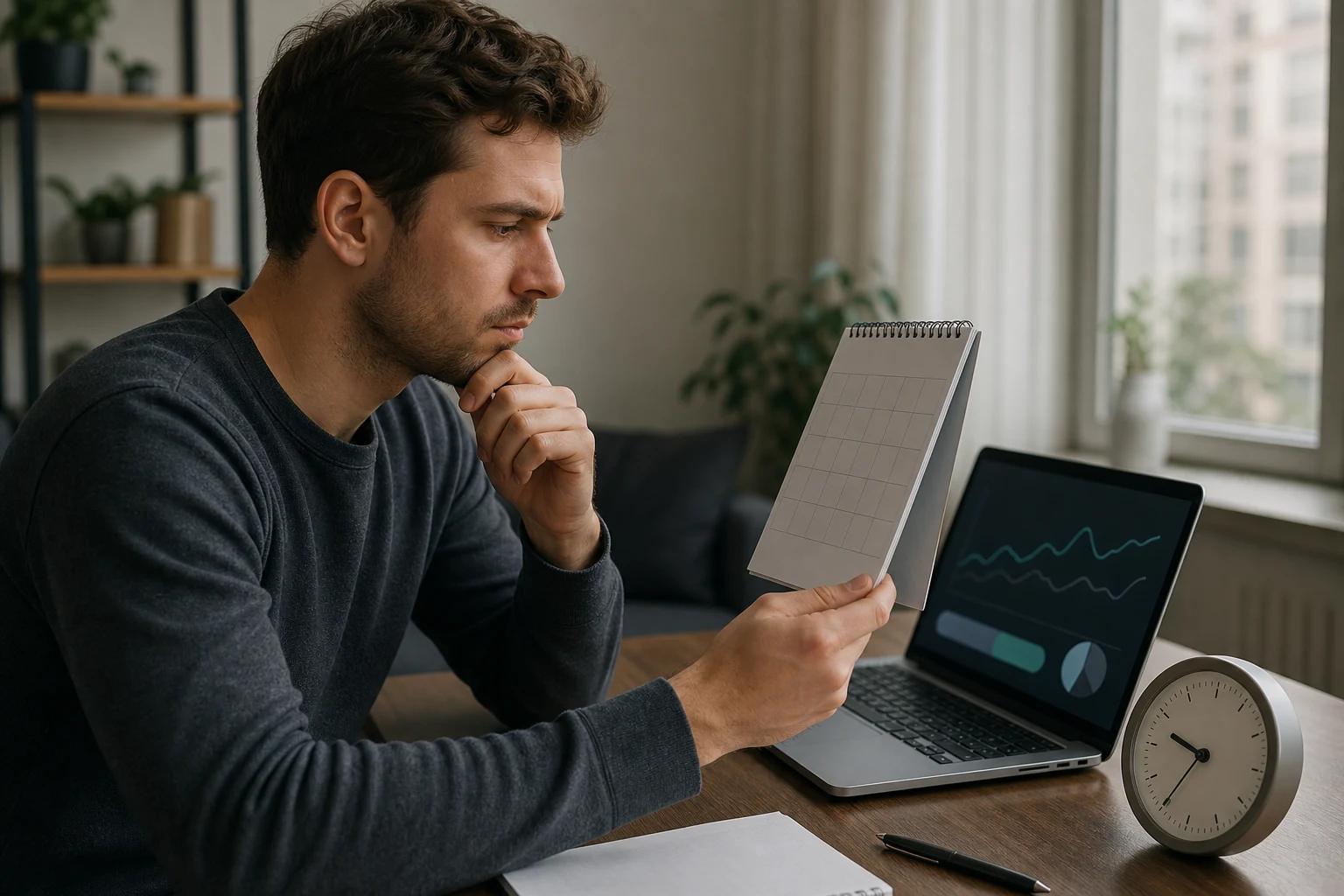 Trader comparing a blank weekly calendar with payout timing stages at a home workstation