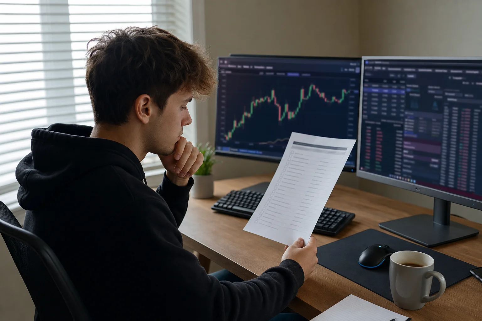 Day trader comparing prop-firm evaluation rules against a printed checklist at a home trading desk with two monitors
