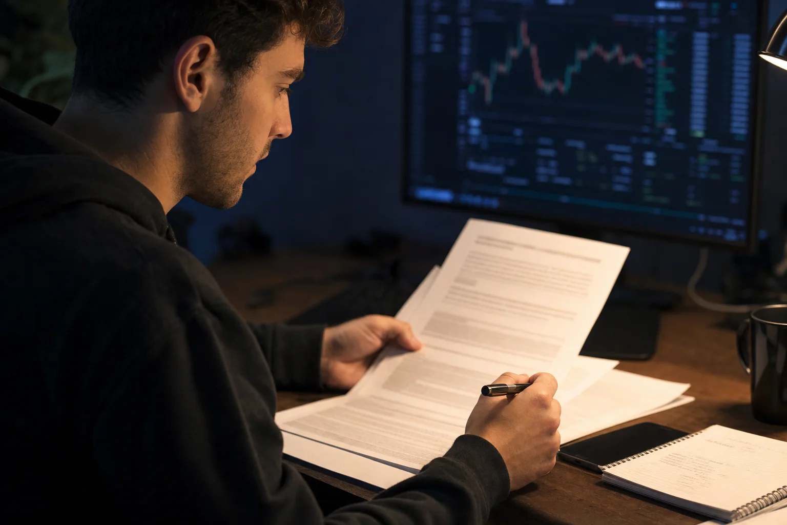 Young trader reviewing printed prop-firm terms and risk disclosures under a desk lamp beside a trading screen