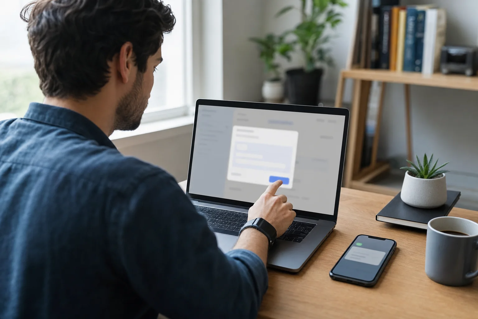 Trader confirming an online payout request on a laptop at a tidy home-office desk.