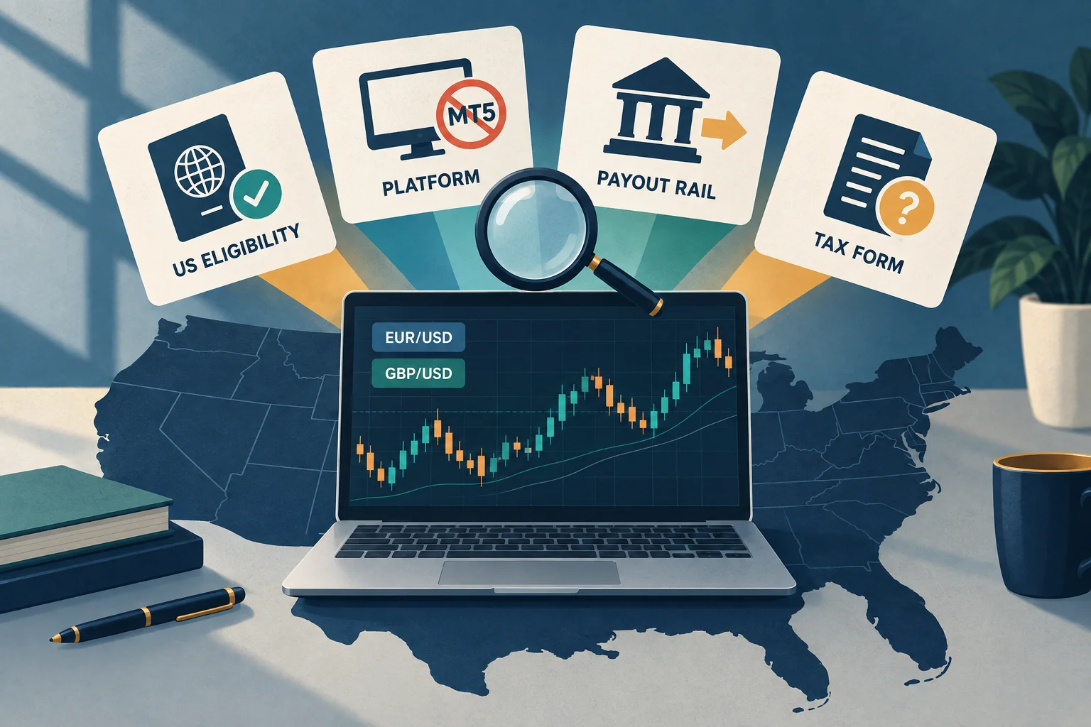Forex prop firms for US traders: US eligibility, platform, payout rail and tax form checked on a laptop over a map of the United States