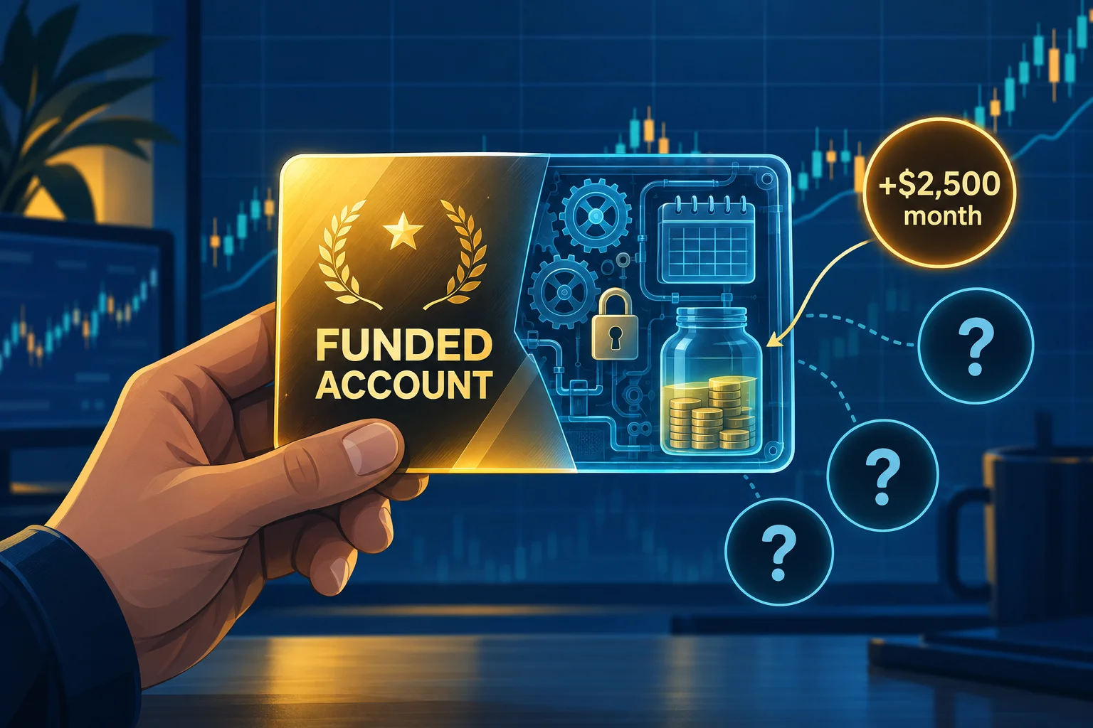 Best funded trading account card split open to show the gears, lock, calendar and partly filled cash jar behind a +$2,500 month