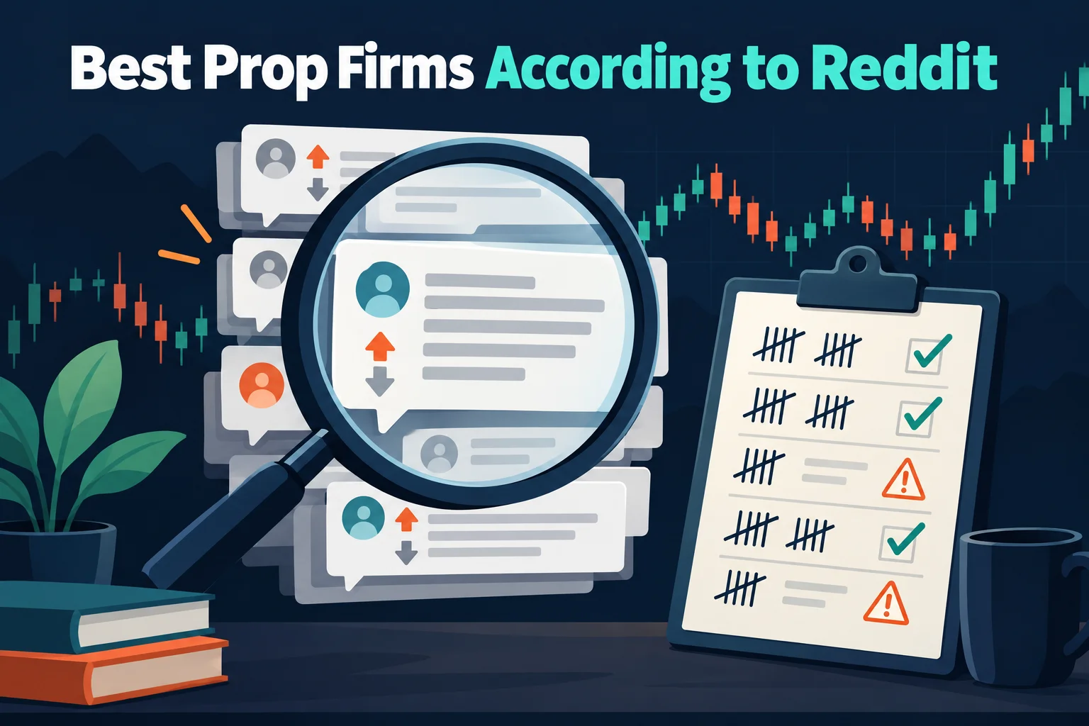 Best prop firms according to Reddit: a magnifying glass over Reddit comment cards beside a tally sheet of checkmarks and warning signs
