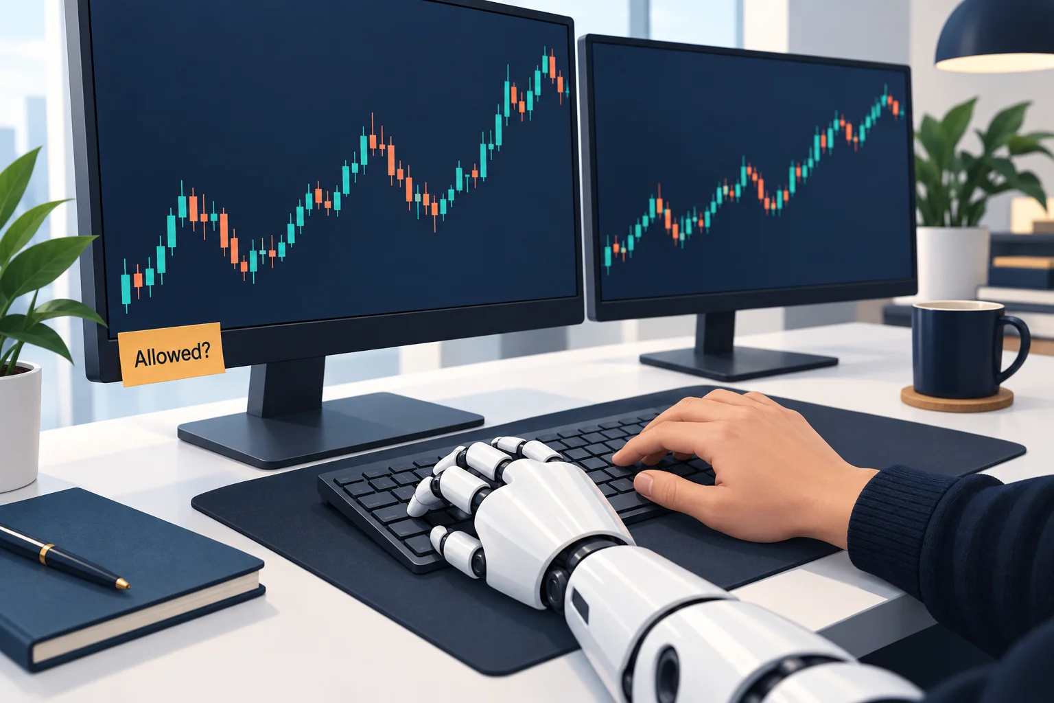 Prop firms that allow automated trading: a robot arm and a human hand share one keyboard at a trading desk, with an Allowed? sticker on the monitor