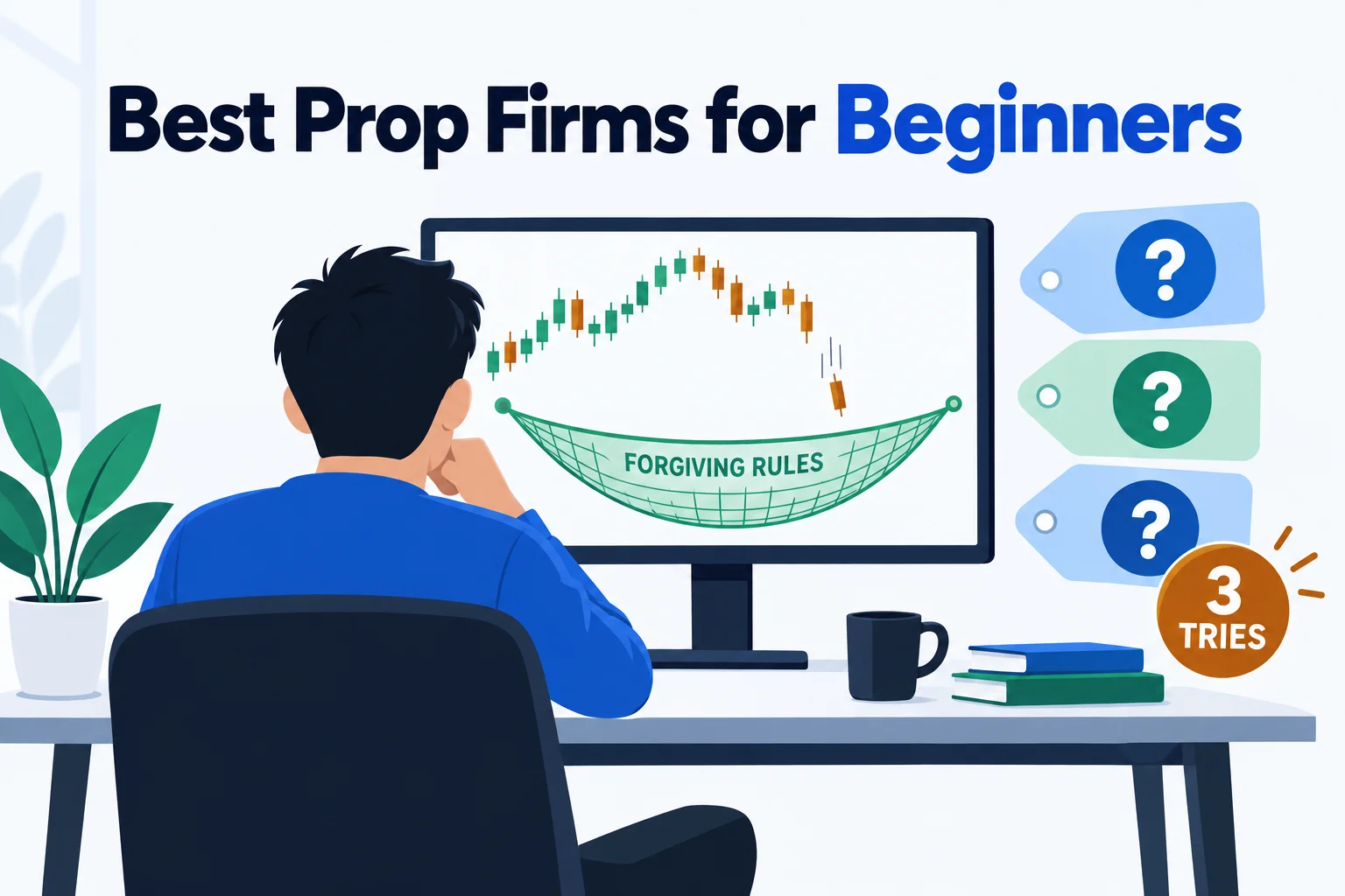 Best prop firms for beginners: a new trader at a chart with a safety net labelled forgiving rules and a 3 tries sticker