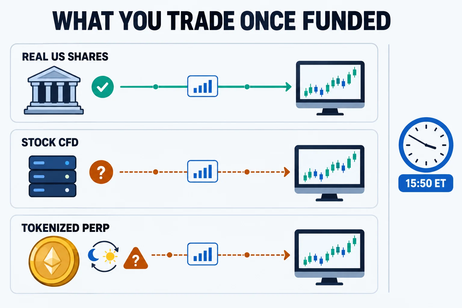 Diagram for prop firms for stock trading: three lanes showing real US shares, stock CFD and tokenized perp price feeds, with a 15:50 ET forced-close clock
