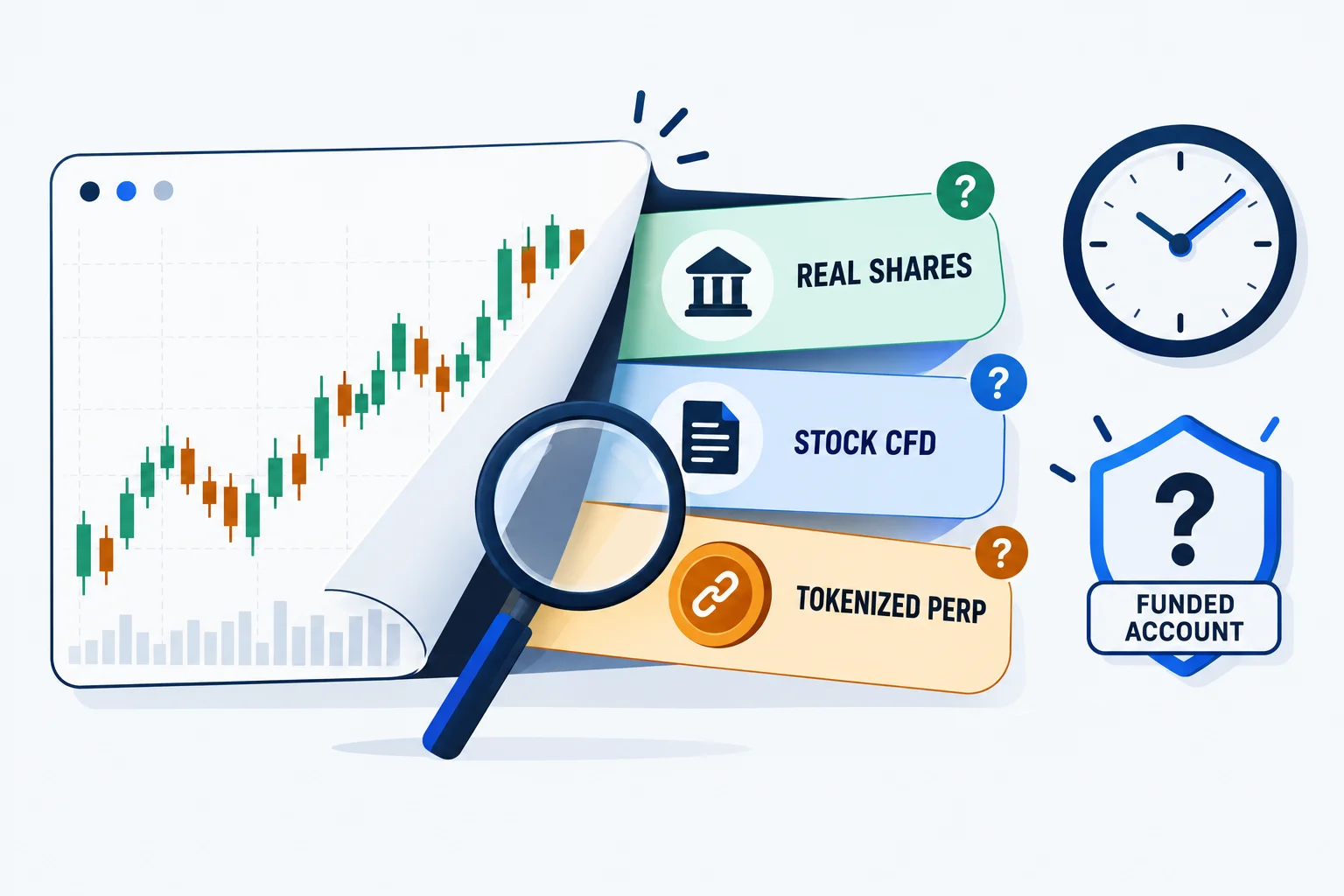 Best prop firms for stock trading: a stock chart peeled back to show three layers, real shares, stock CFD and tokenized perp, beside a clock and a funded account badge