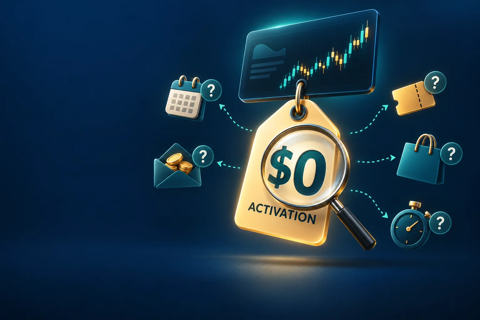 A $0 activation price tag under a magnifying glass, with arrows to the places a no activation fee prop firm can move the fee