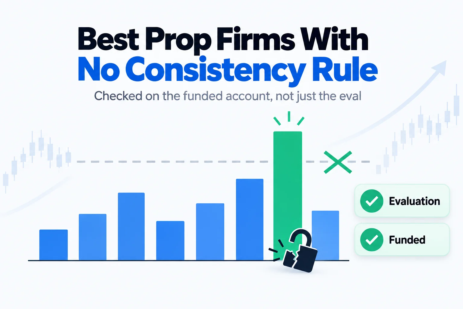 Best prop firms with no consistency rule: a profit-day bar chart where the best day breaks the cap, with both the evaluation and the funded account ticked