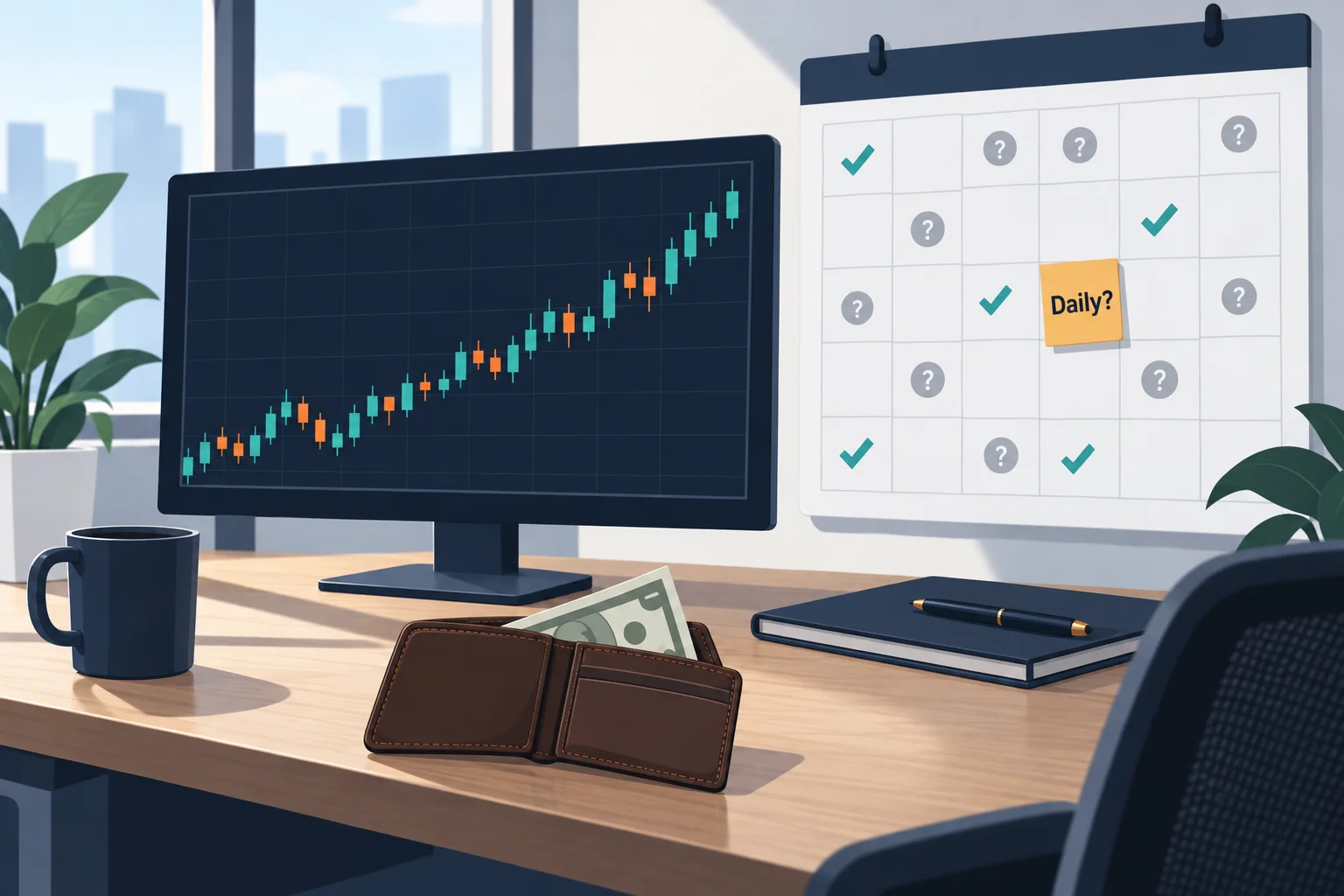 Prop firms with daily payouts: a trading desk with a rising chart, a wallet and a calendar where most days carry a question mark and a Daily? sticker