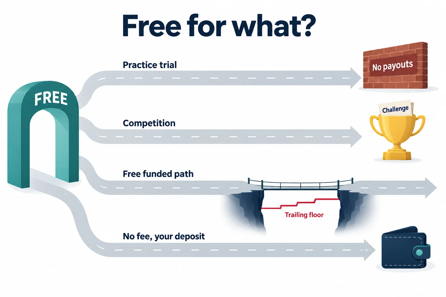 Diagram for prop firms with free trials titled Free for what: four lanes from a FREE gate end at a No payouts wall, a trophy with a Challenge ticket, a narrow bridge over a trailing floor, and a wallet