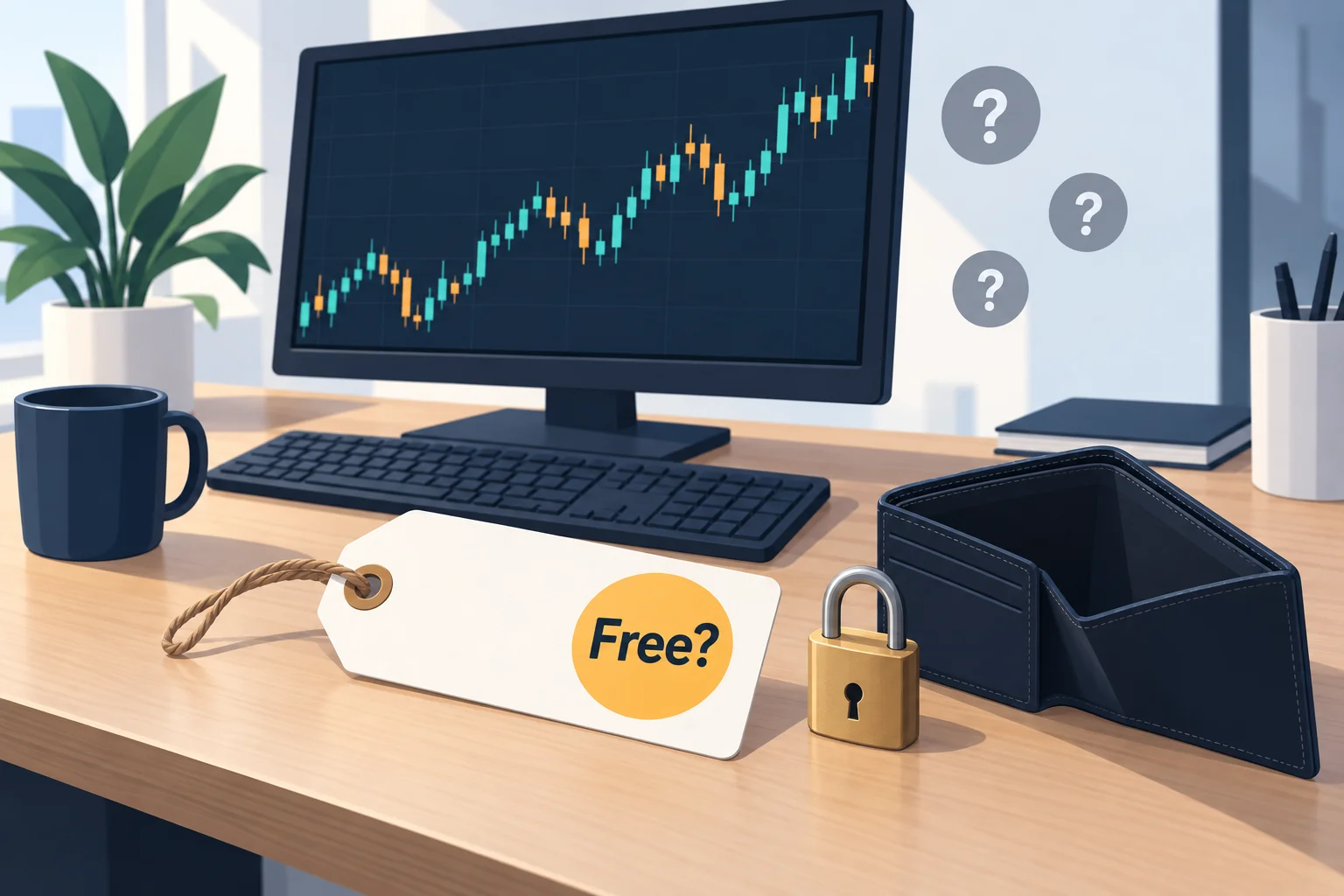 Prop firms with free trials: a trading desk with a chart, a gift tag with a Free? sticker, a padlock, an empty wallet and question-mark badges