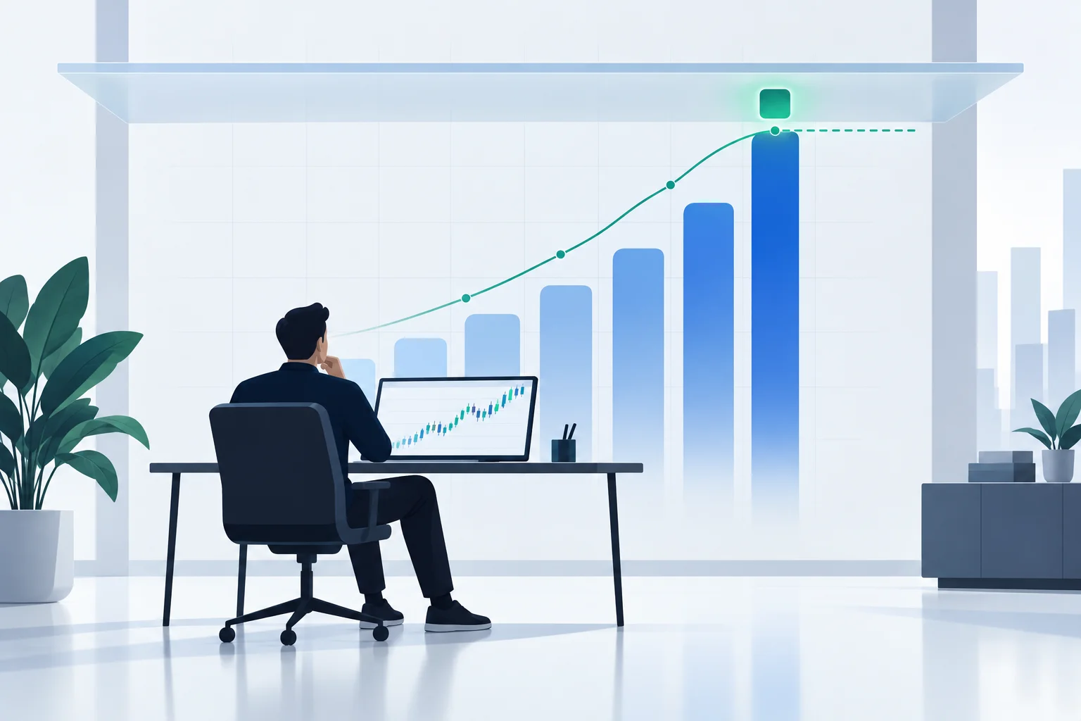 Trader at a desk watching an equity curve flatten against a glass ceiling that caps the final payout bar