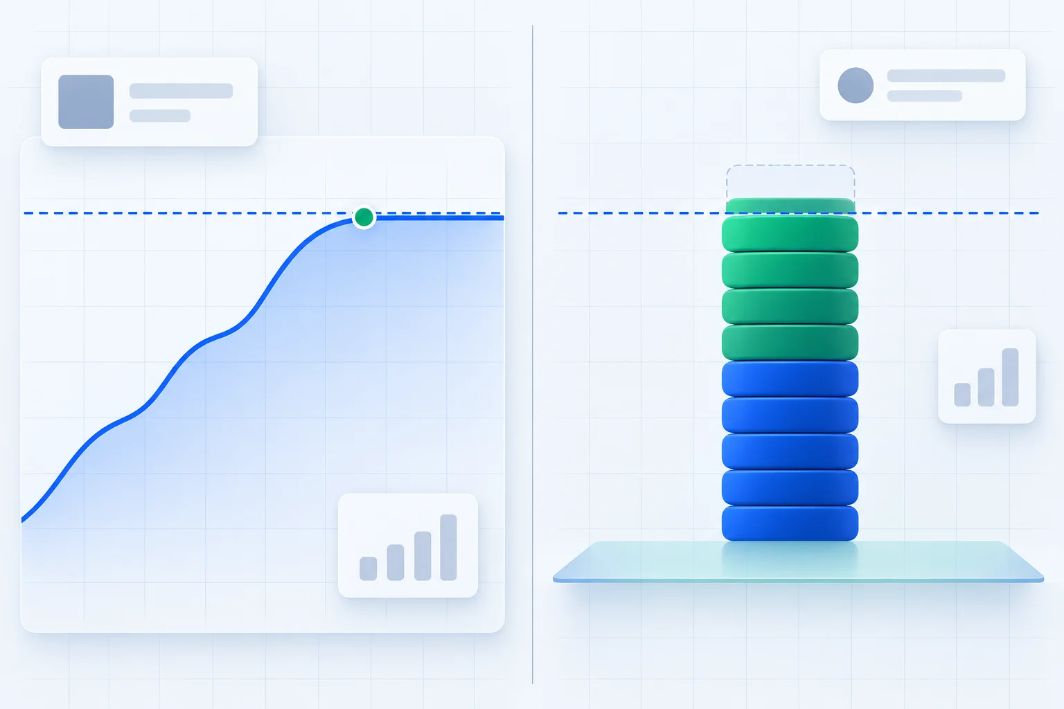 Equity curve meeting a dashed cap line beside a stacked column of payout cycles stopping at the same ceiling