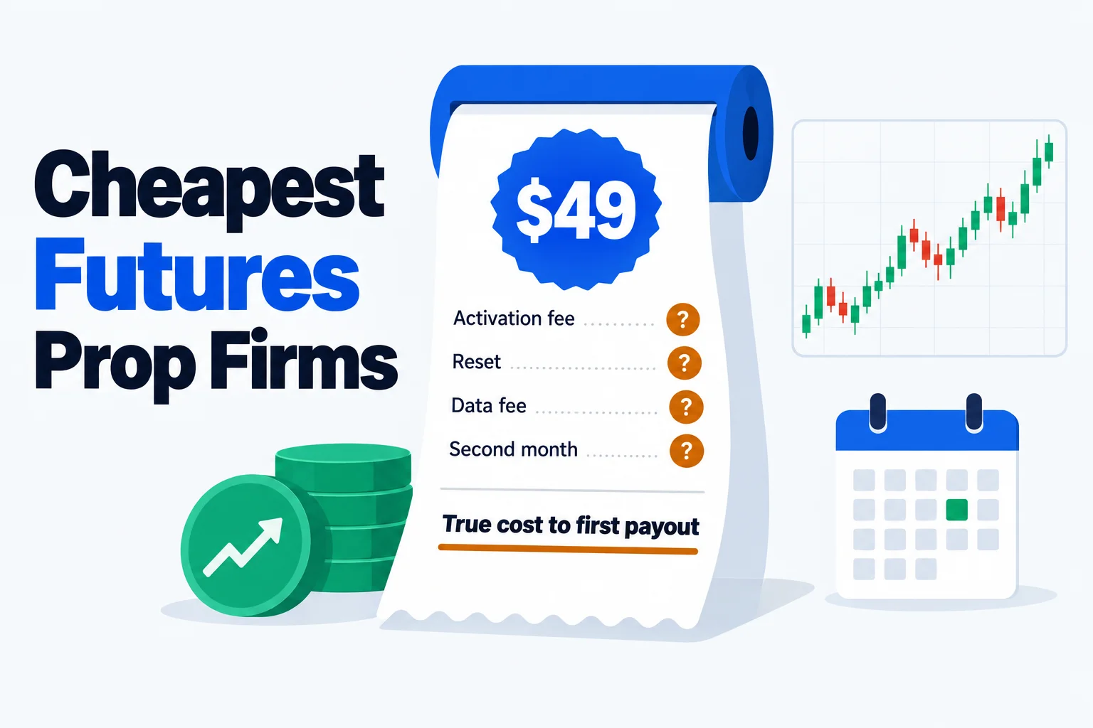 Cheapest futures prop firms: a cheap sticker price unrolled into activation, reset, data and second-month line items with the true cost to first payout at the bottom