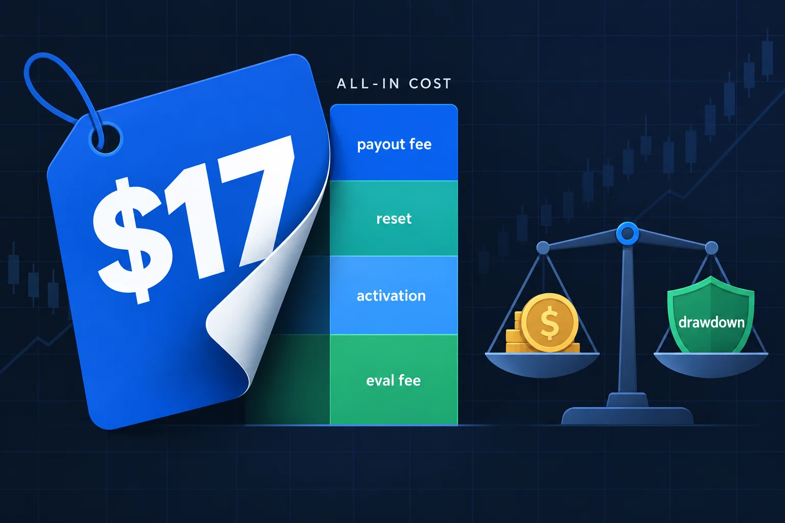 Cheapest prop firms: a $17 sticker price peeled back to reveal the stacked all-in cost of eval fee, activation, reset and payout fee, weighed against drawdown