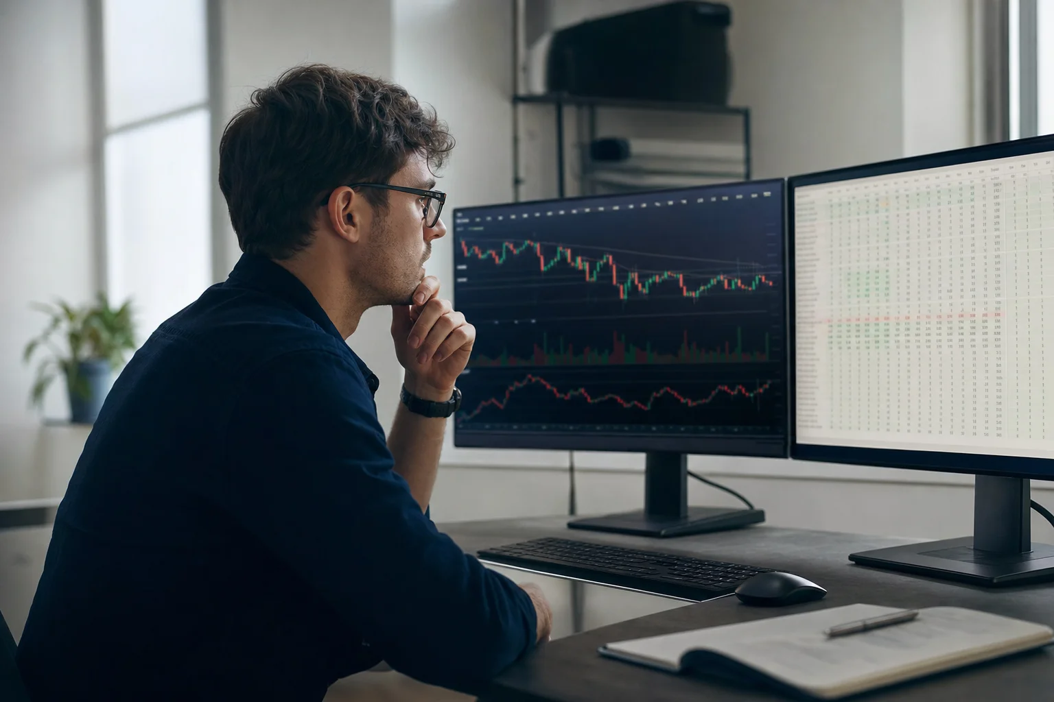 Trader at a dual-monitor workstation reviewing futures charts and account data while assessing payout risk