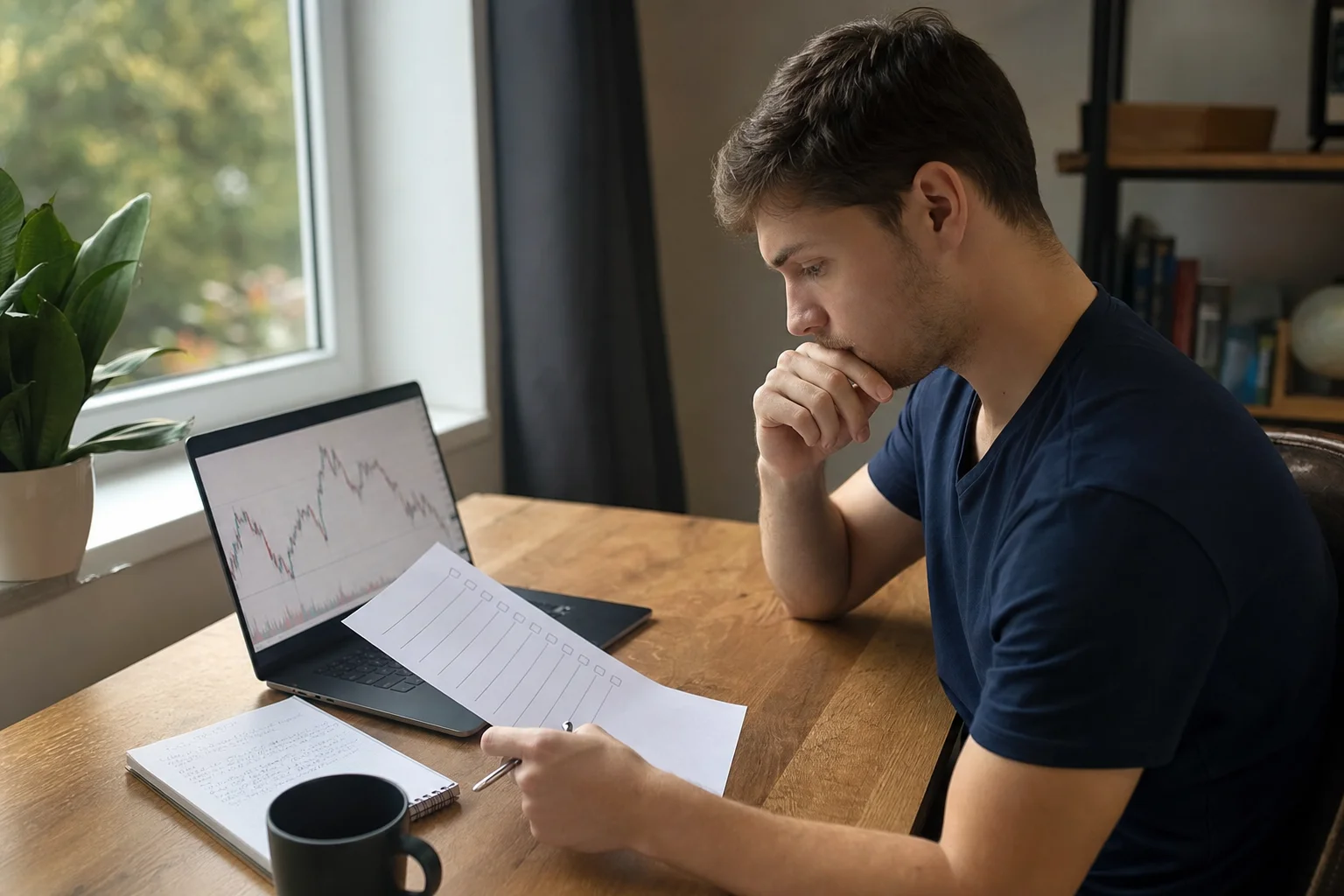 Trader reviewing a paper evaluation rules checklist next to a laptop showing a price chart