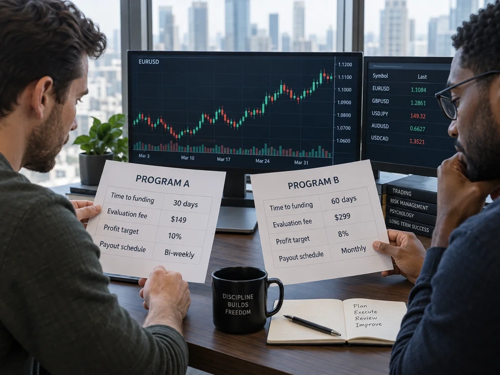 Two traders comparing labelled fast-funding rule sheets at a trading desk