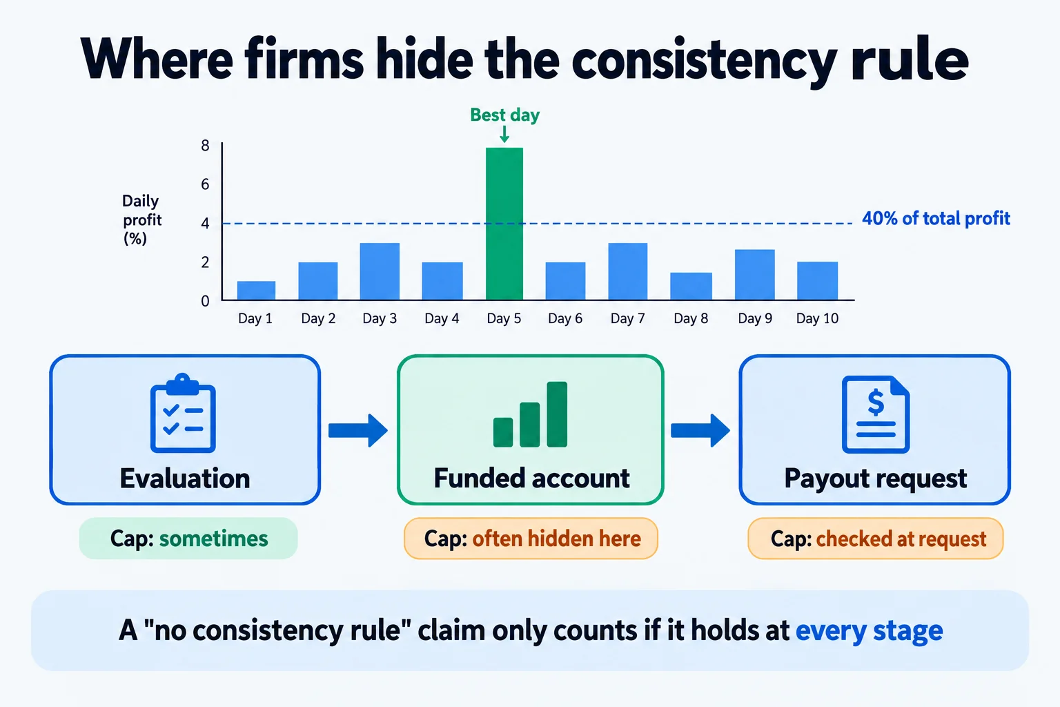 Diagram of where firms hide the consistency rule: a daily profit chart with one best day above a 40% line, and three stages (evaluation, funded account, payout request) each tagged with whether a cap applies
