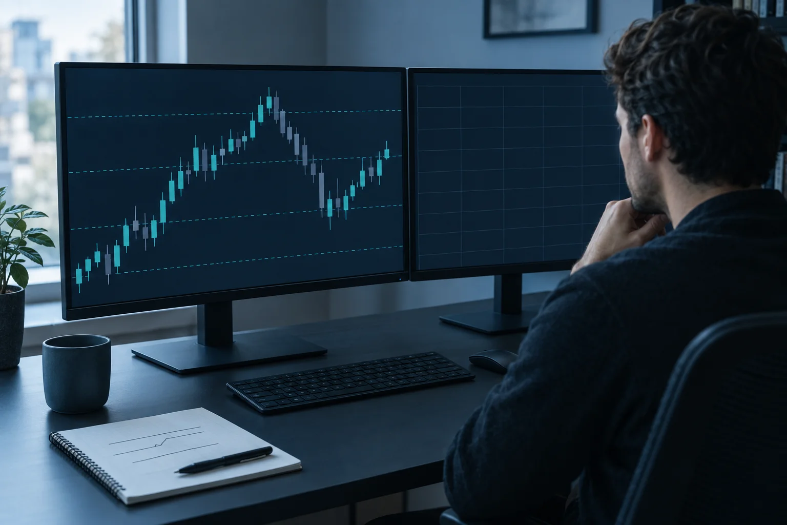 A trader at a two-monitor desk reviewing a dark candlestick chart with hand-marked level lines, with a notebook sketch of the session levels beside the keyboard.