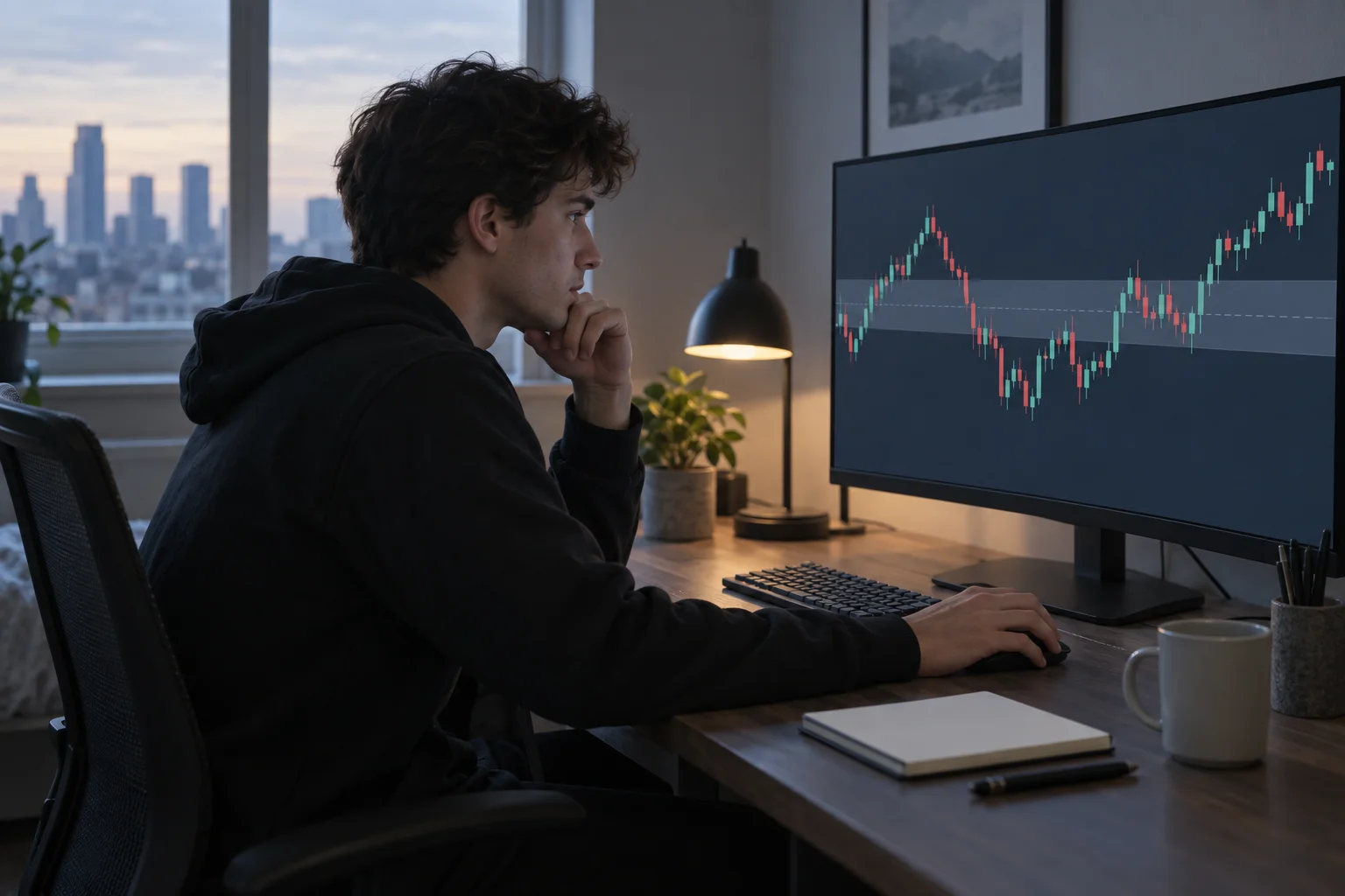 A young trader at a home desk watching an unlabeled candlestick chart with a shaded horizontal range band and a dashed centre line on the monitor during an early morning session.