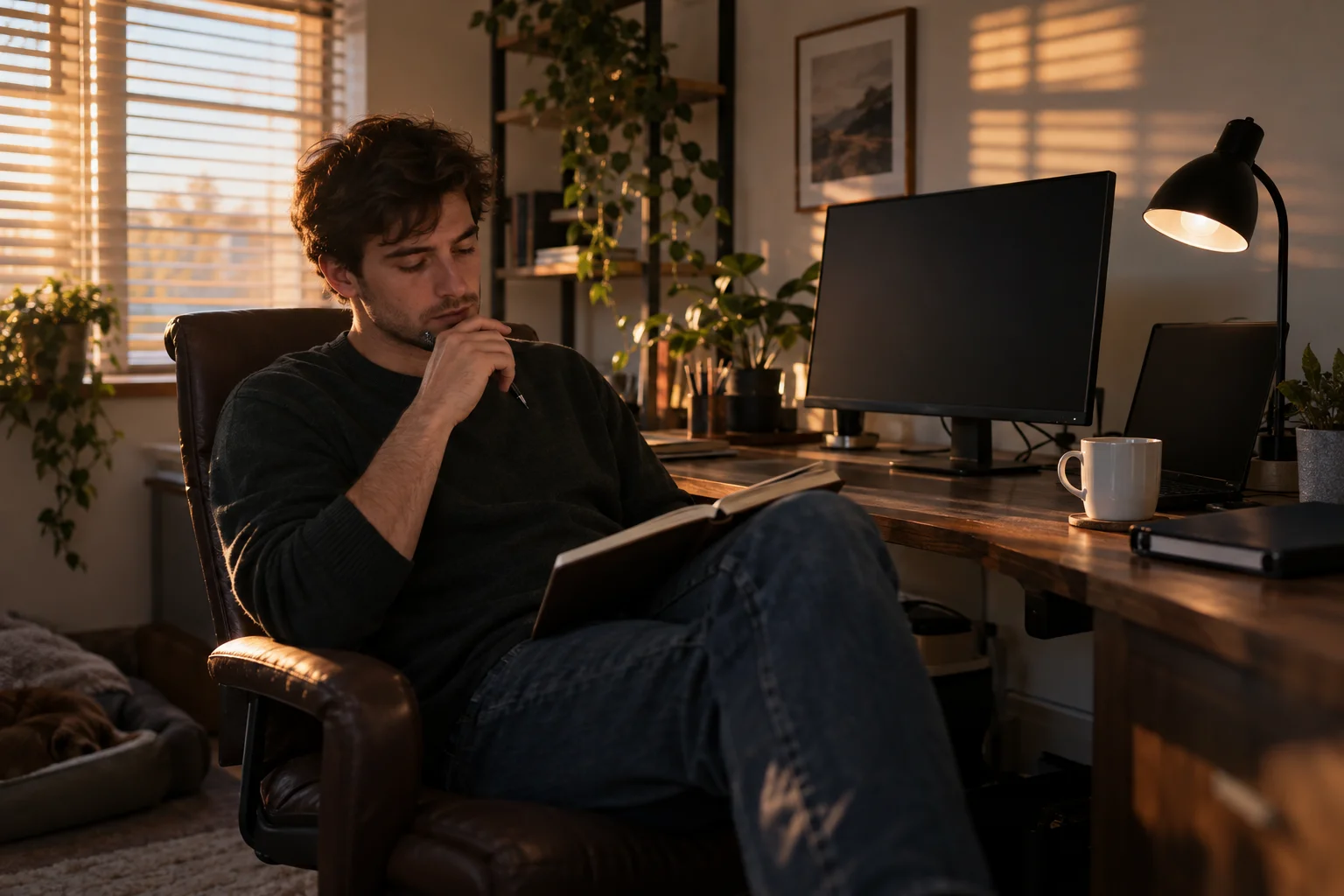 A trader sitting back in a home office at the end of a session, pen in hand over an open paper notebook, pausing before writing, with the desk monitor switched off and late-afternoon light coming through window blinds.