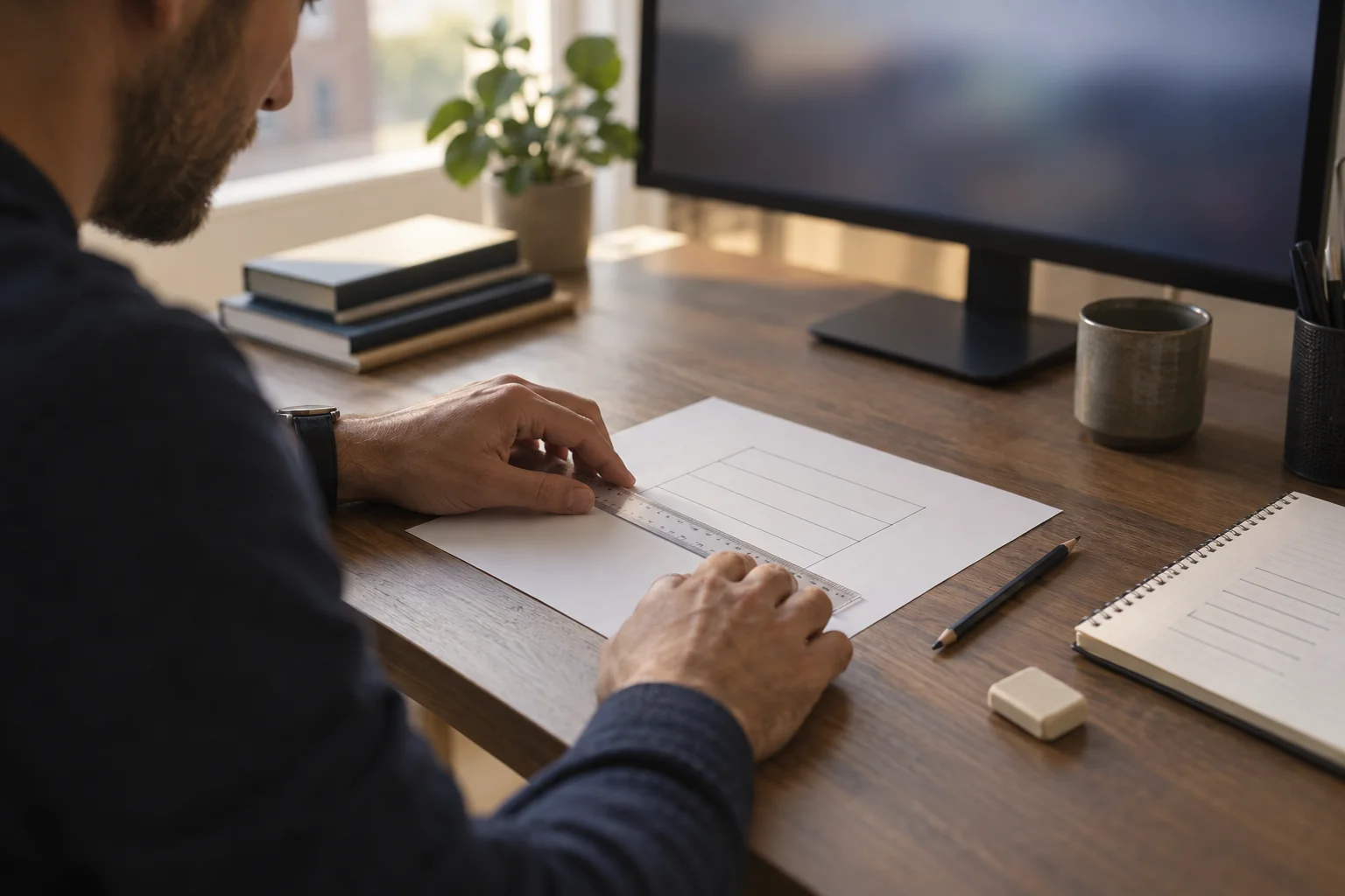 A trader's hands using a clear ruler to divide a printed price range on paper into equal horizontal bands at a tidy home desk, with a pencil, eraser and ruled notebook beside the sheet and a monitor turned away in the background