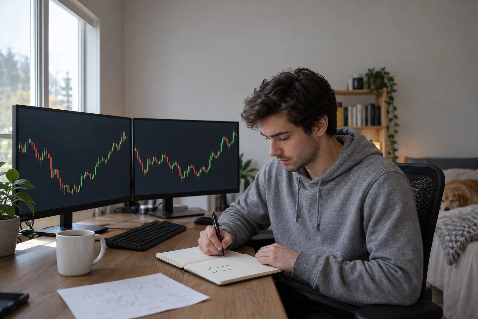 A young trader in a home office writing staged exit levels in a paper notebook beside two monitors showing plain candlestick charts, with a coffee mug and a plant on the desk.