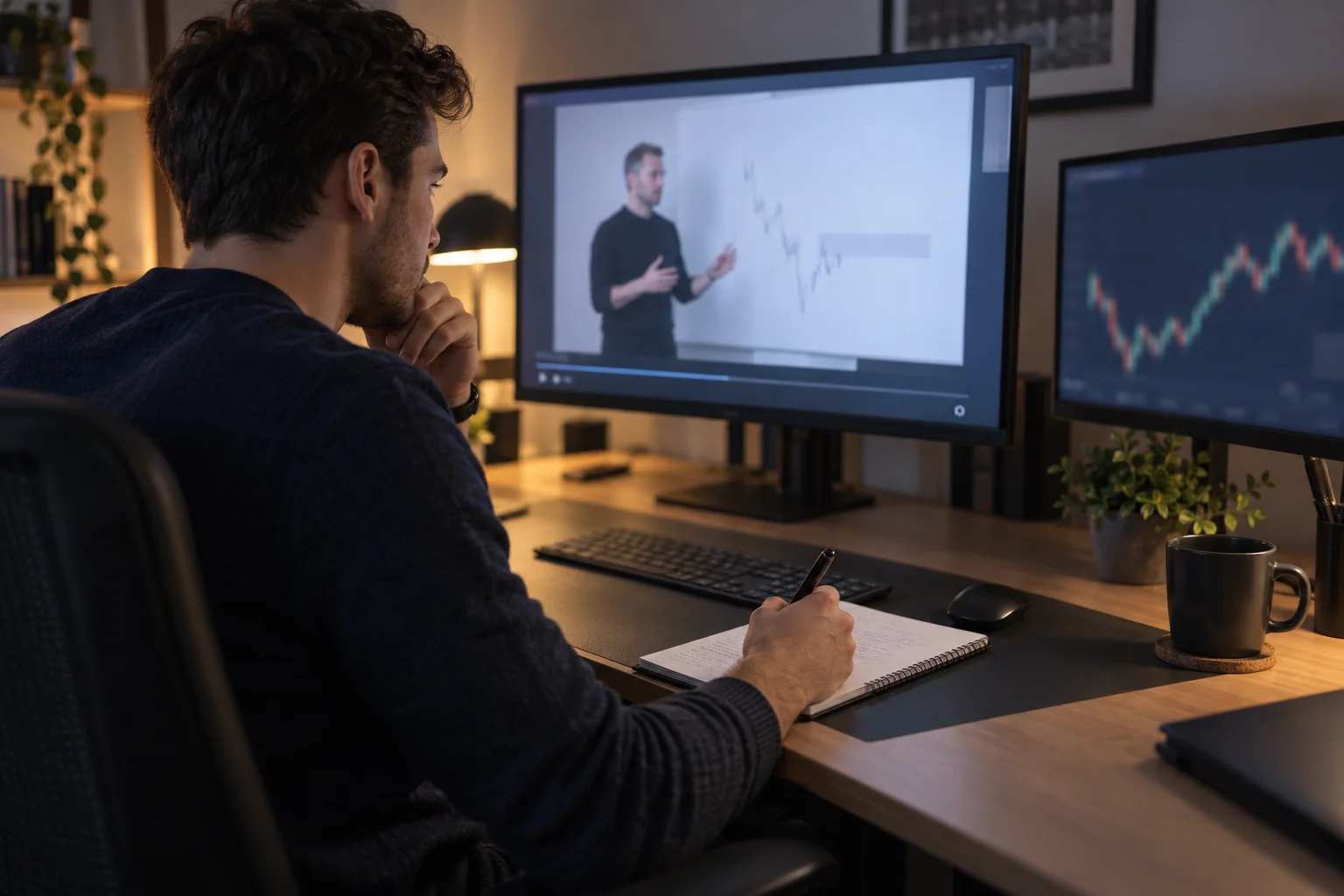 A trader in a dark sweater studies a recorded trading lecture on one monitor while writing notes in a notebook, beside a second screen showing a blurred price chart
