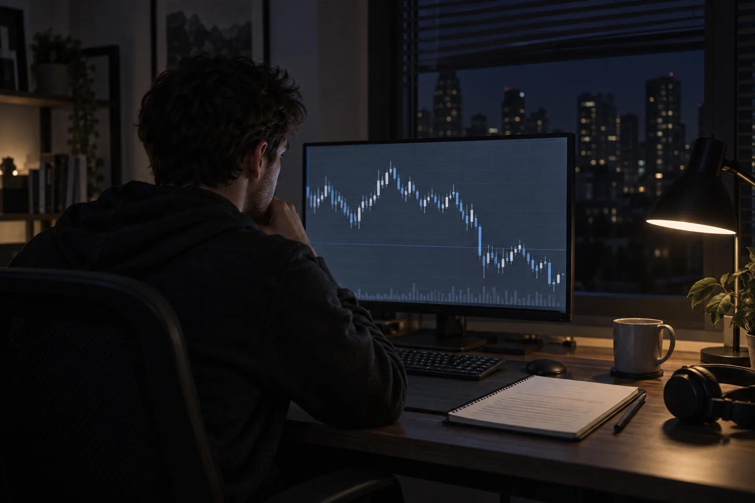 A trader working at a home desk after midnight, reviewing a one-minute candlestick chart of a stock index future on a single monitor with a paper notebook of hand-drawn level lines beside the keyboard.