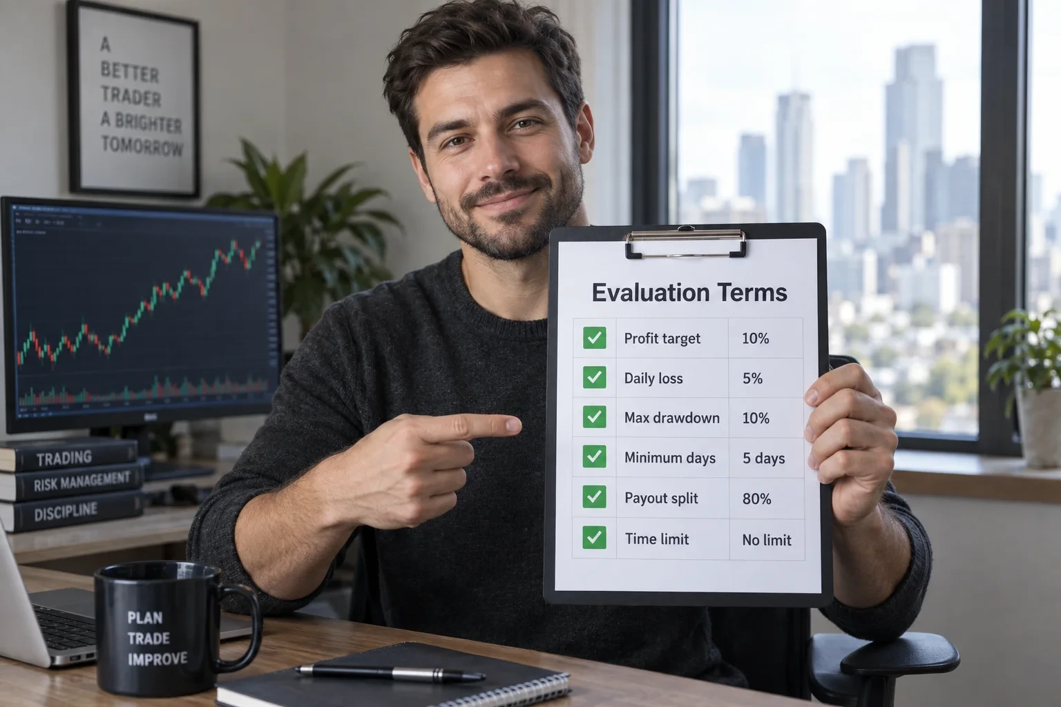 Trader holding a labelled evaluation rule checklist on a clipboard