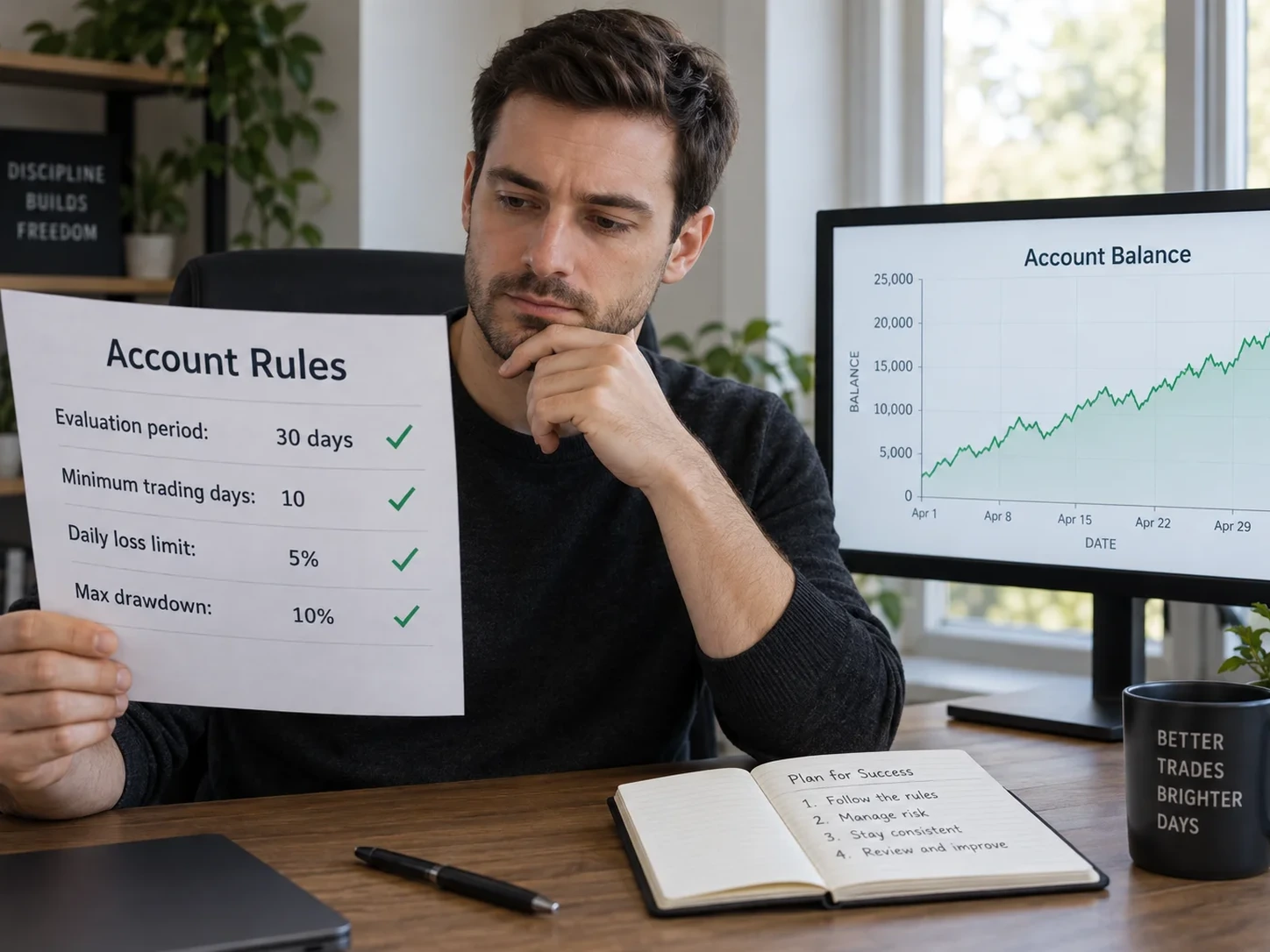 Trader reviewing account timing and risk rules on a printed sheet at a home workstation
