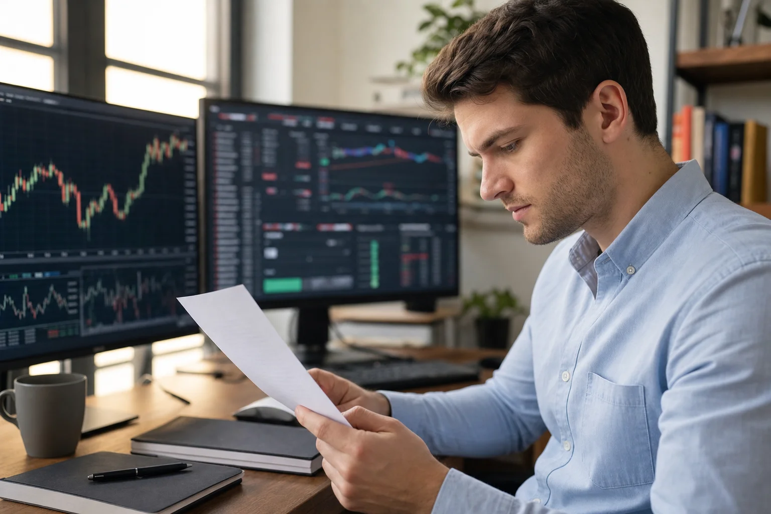 Day trader reviewing a printed payout policy document at a desk with trading monitors behind