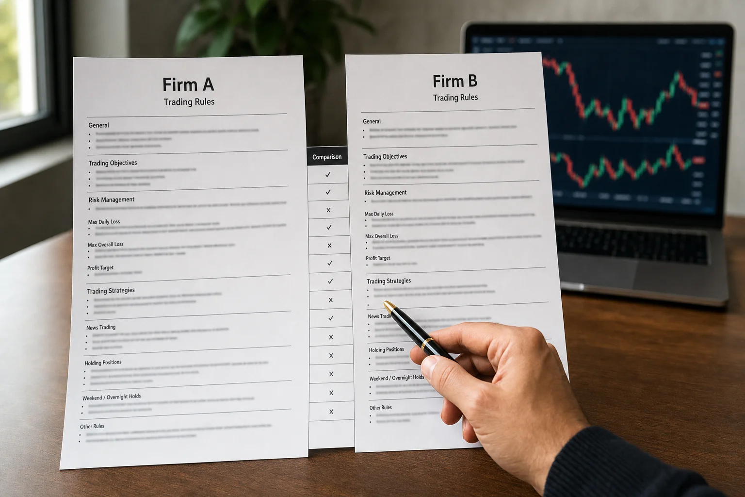 Trader comparing two printed prop firm rule documents with a pen and checklist on a desk