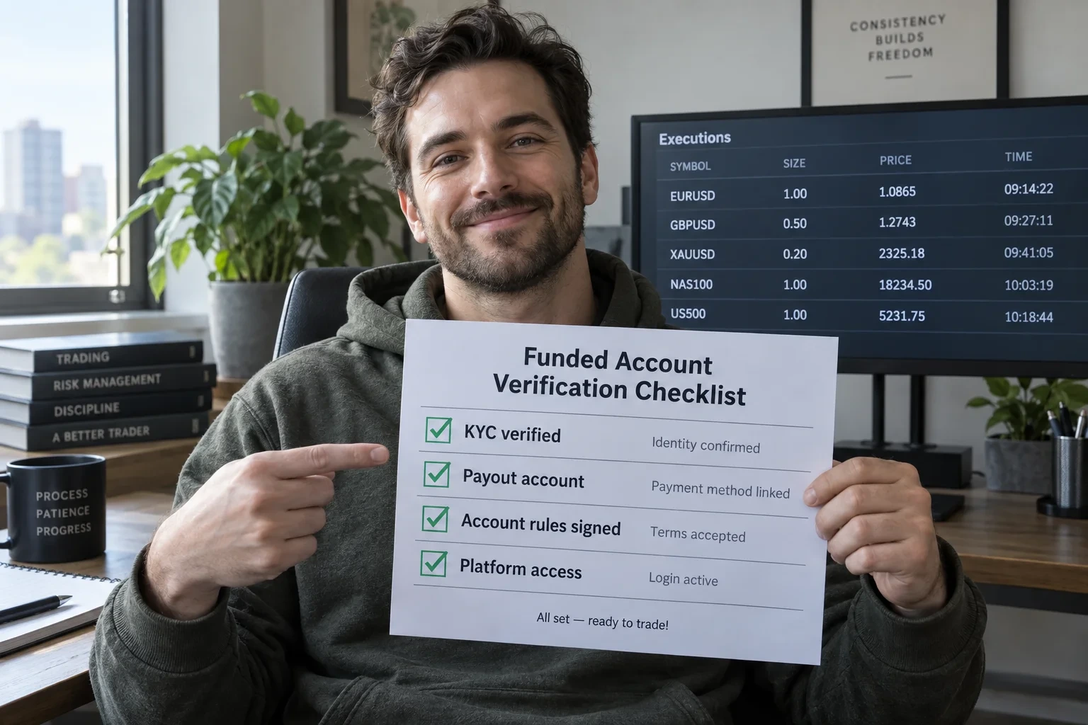 Trader holding a completed funded account verification checklist