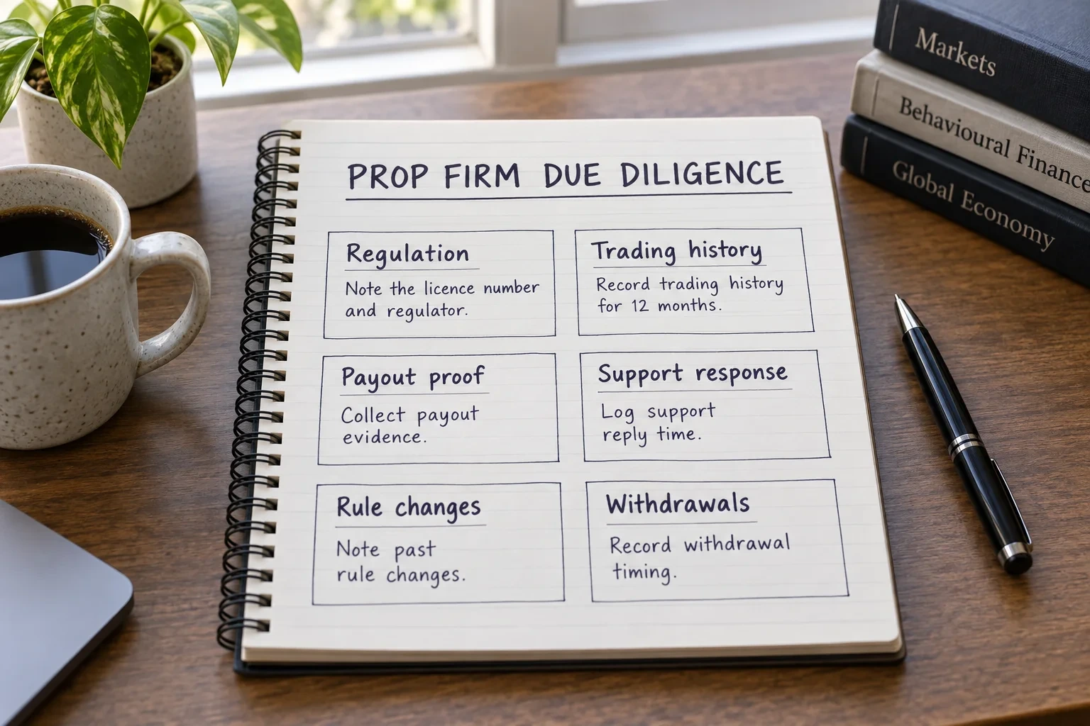 Notebook page used as a labelled due diligence checklist