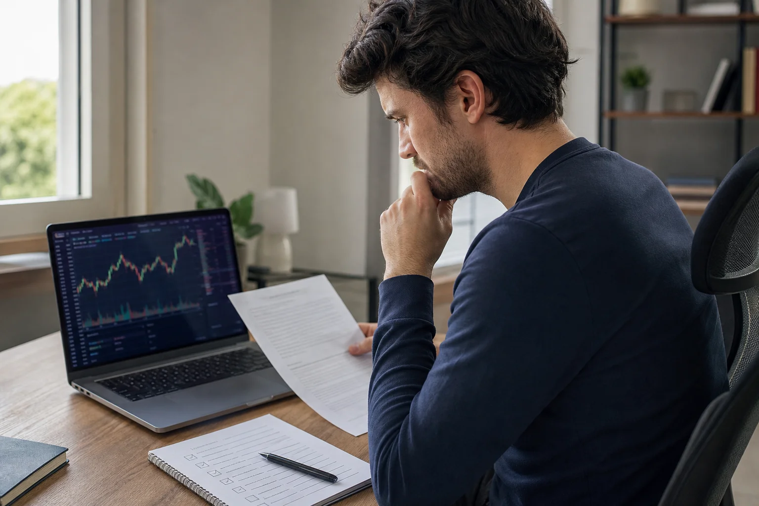 Trader reviewing printed evaluation rules and payout terms at a home workstation with two monitors