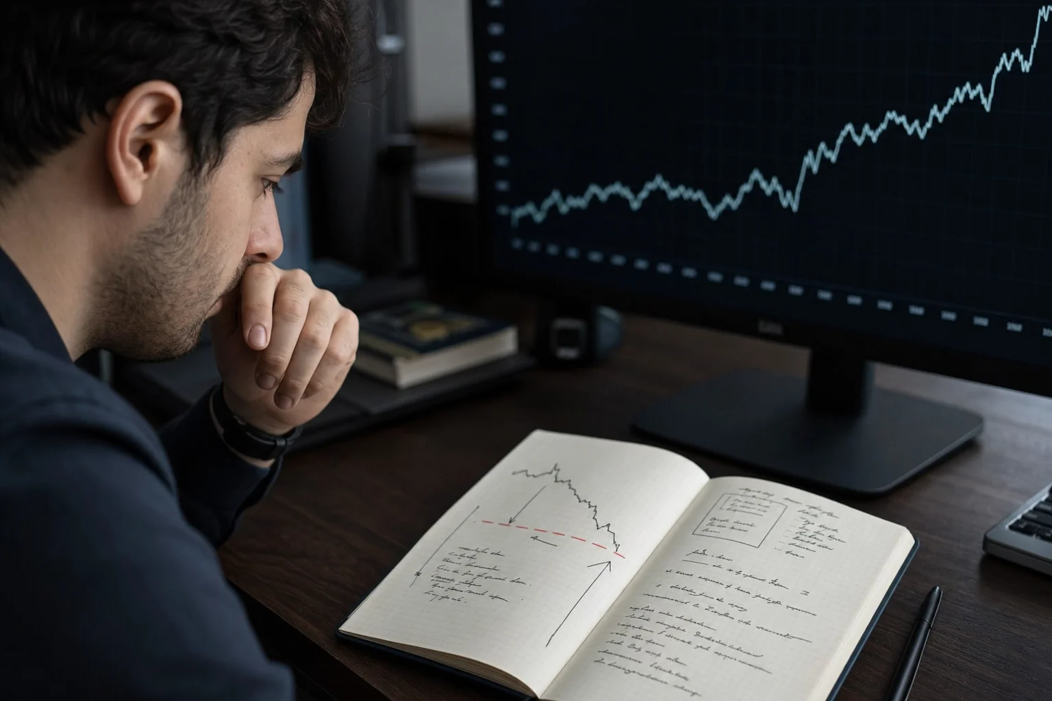 Trader planning loss limits and position size in a notebook beside a monitor showing an equity chart
