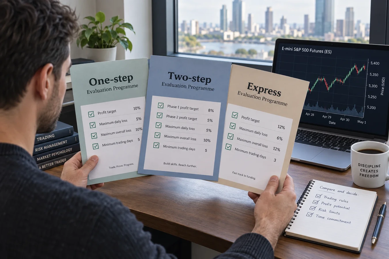 Three labelled evaluation programme folders compared beside a futures chart