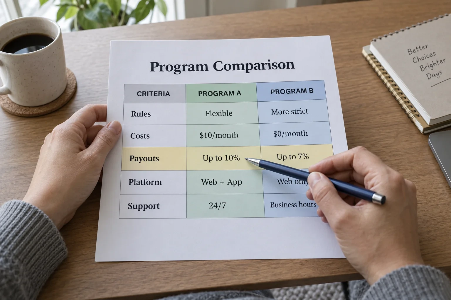 Hands completing a labelled prop firm comparison scorecard