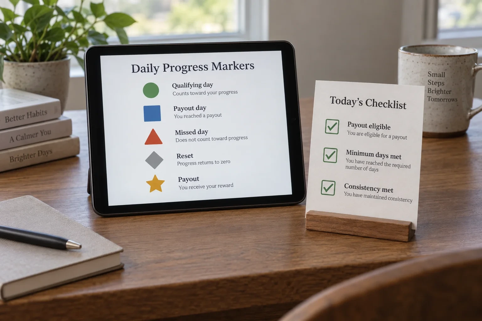 Tablet showing labelled payout qualifying day markers beside a printed card
