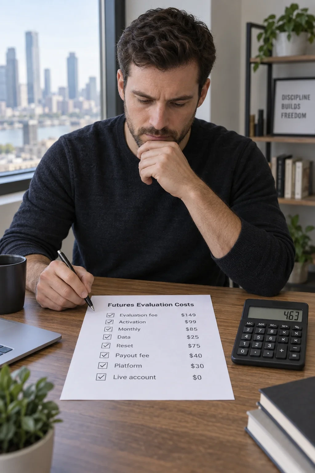 Trader reviewing labelled futures evaluation costs with a calculator