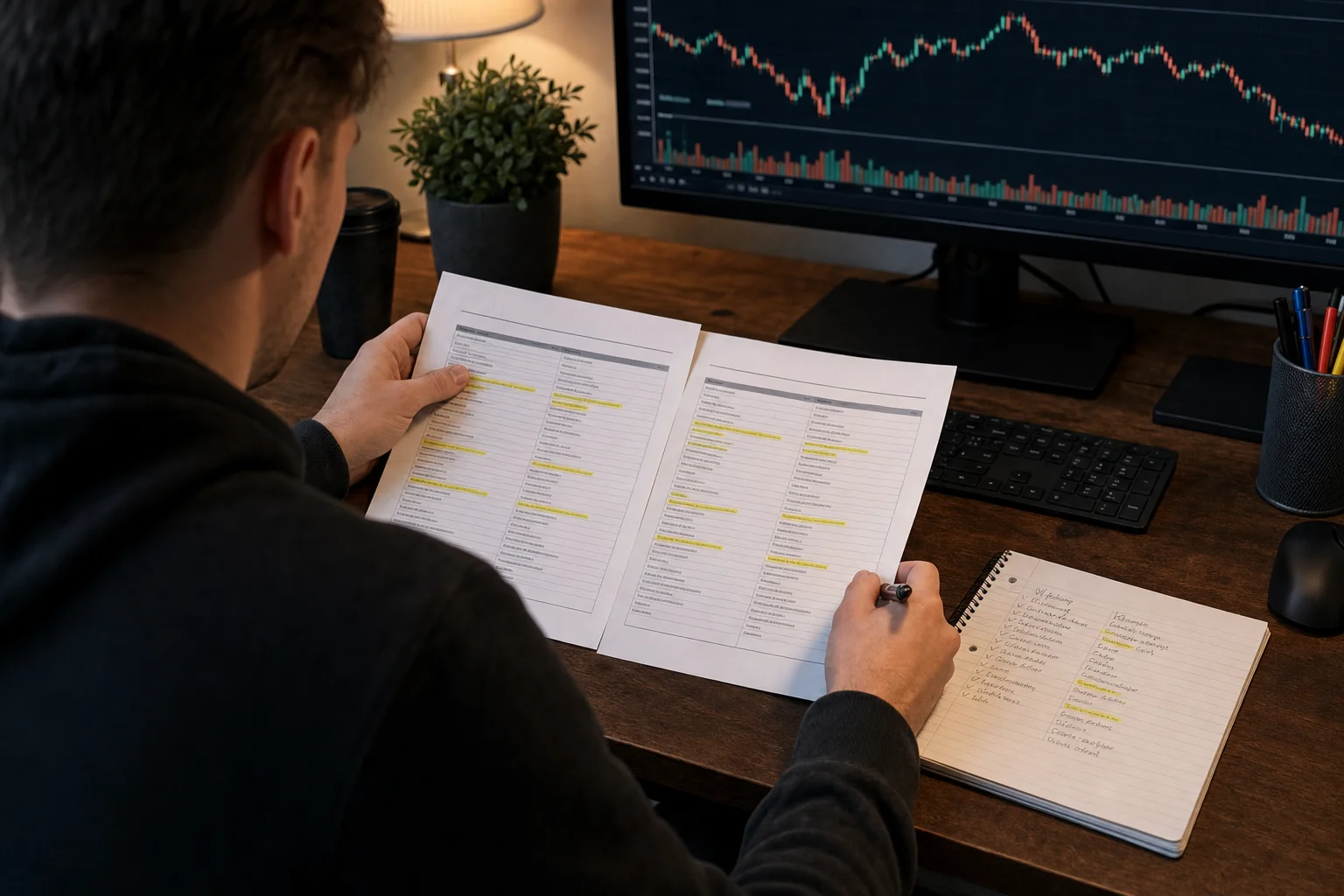 Comparing two prop firm rule sheets side by side at a trading desk