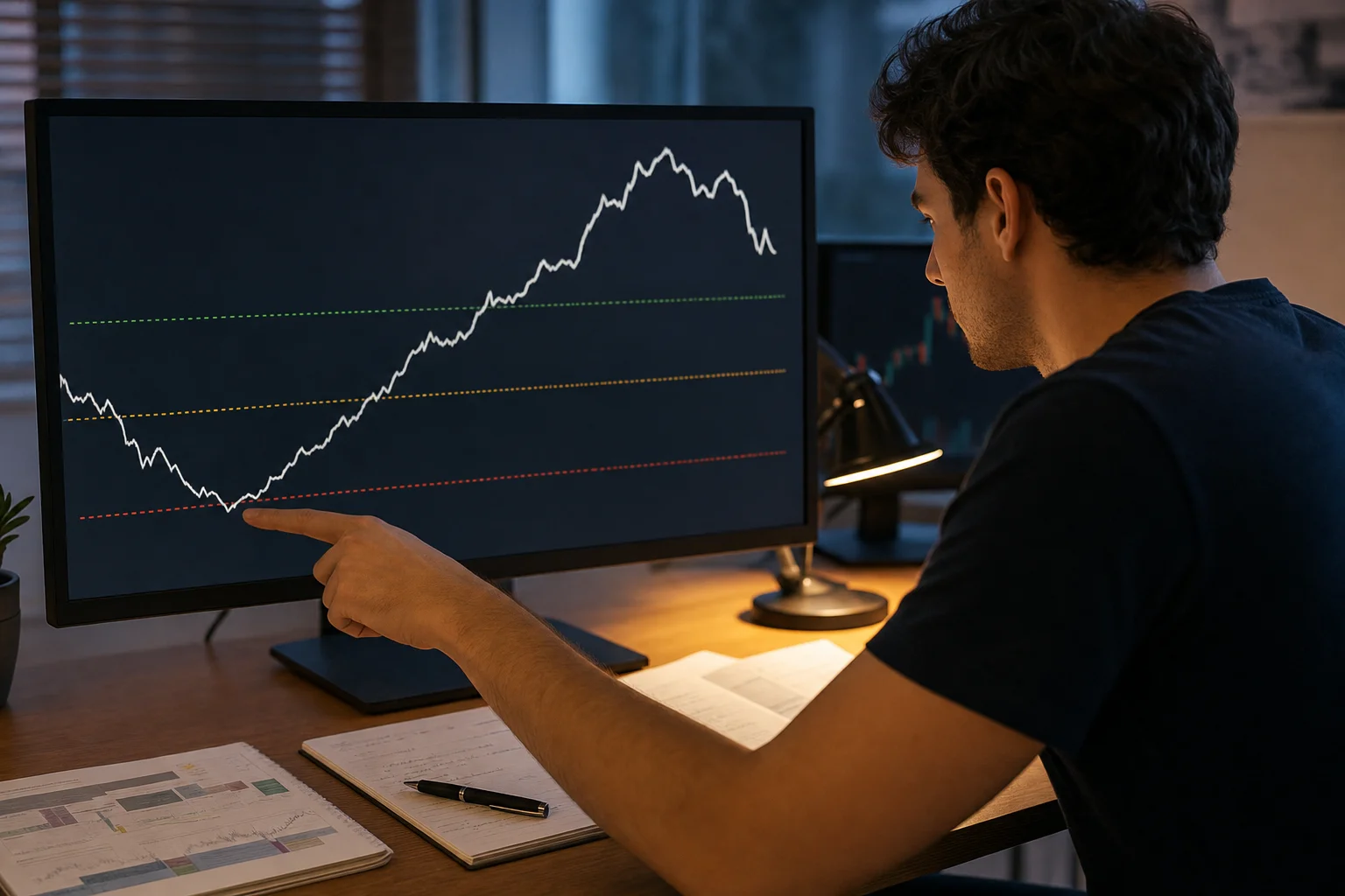 Trader pointing at the low point of an equity curve drawdown on a monitor